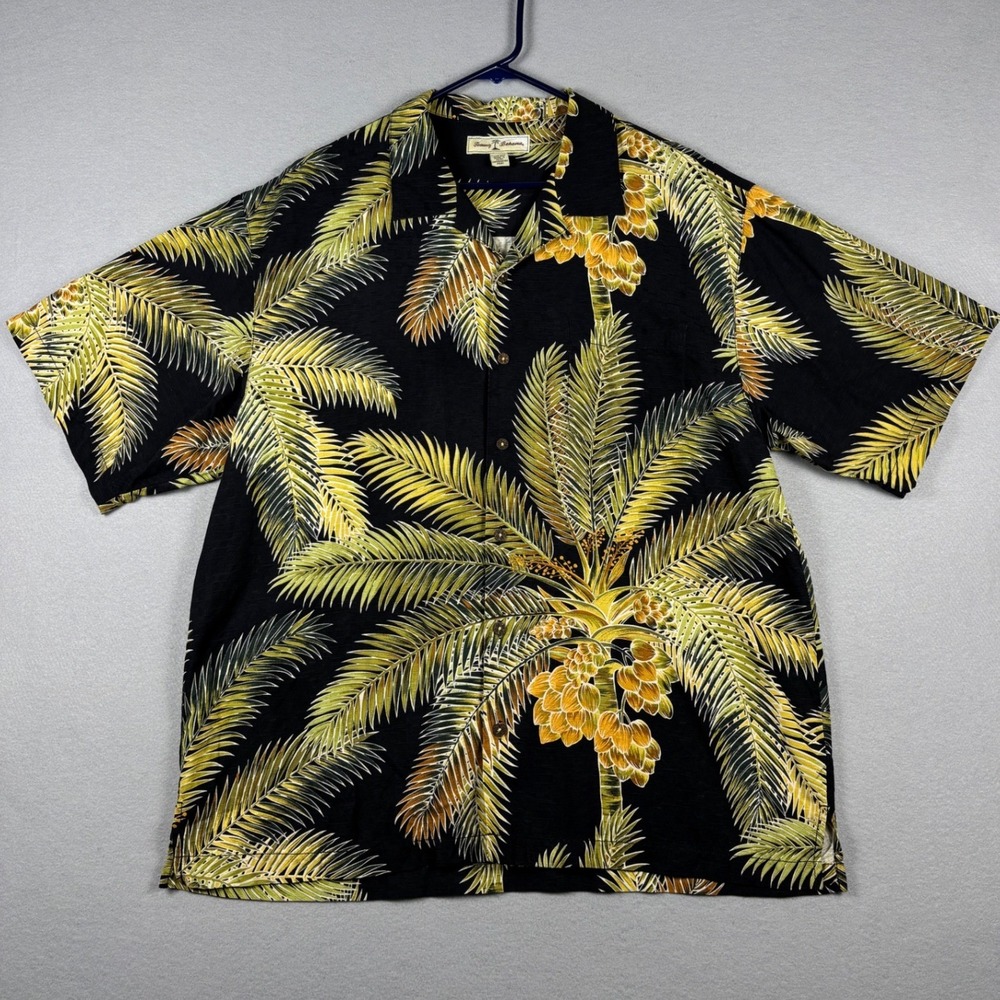 Tommy Bahama Silk Palm Tree Hawaiian Camp Shirt XL Black Tropical
